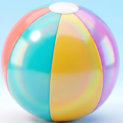 A round, shiny ball with coral, turquoise, yellow and lavender stripes